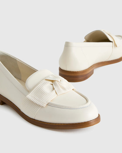 Italian Leather Bow Penny Loafer - 5 / Bone
