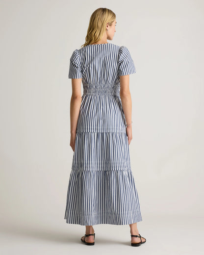 100% Organic Cotton Poplin Tiered Maxi Dress - XS / Riviera Blue Heirloom Floral