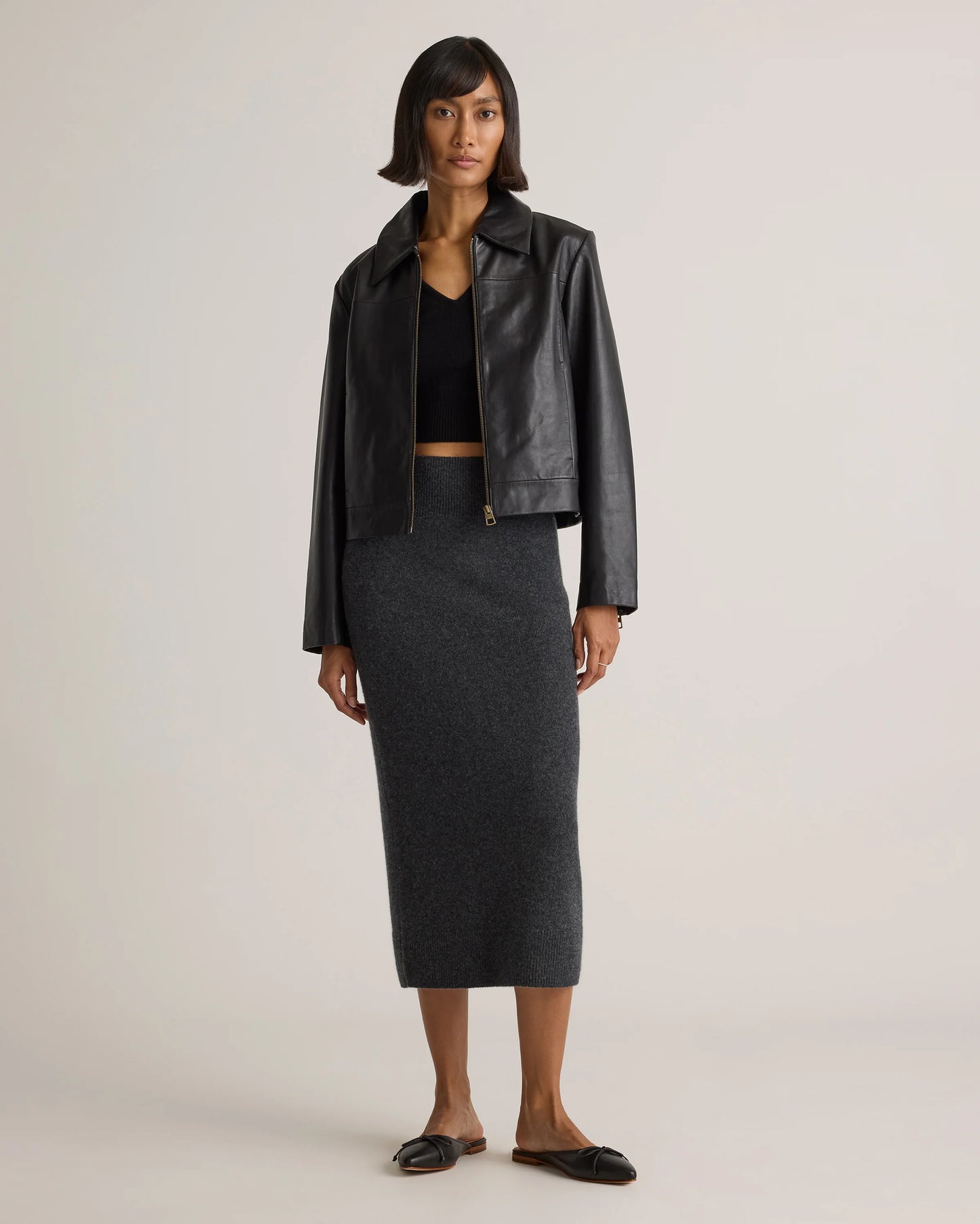Mongolian Cashmere Fitted Midi Skirt - XS / Brown