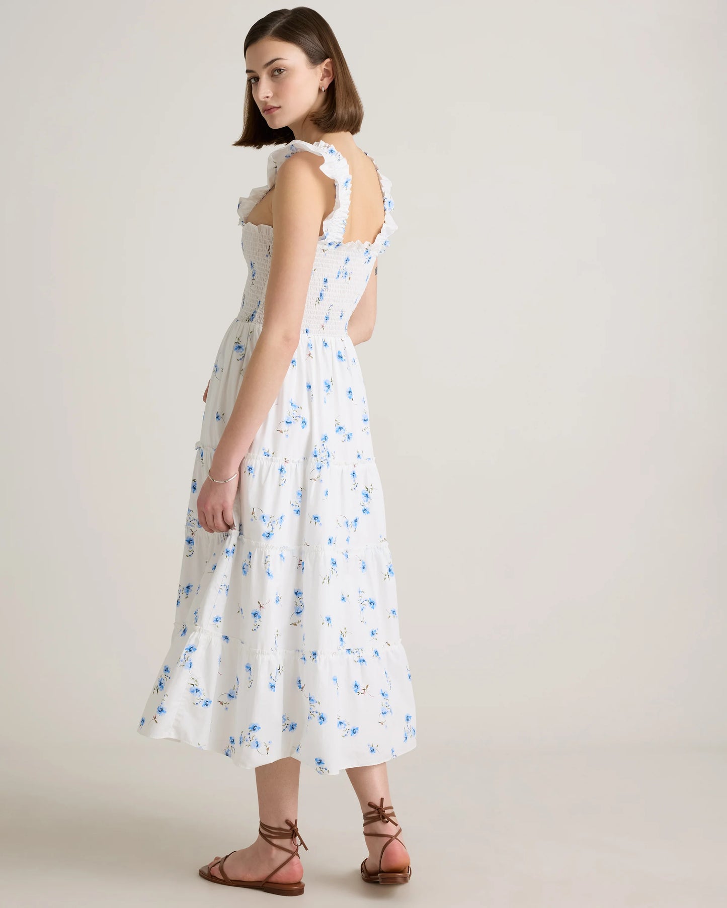 100% Organic Cotton Poplin Smocked Midi Dress - XS / Riviera Blue Heirloom Floral