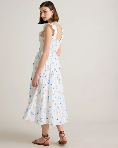 100% Organic Cotton Poplin Smocked Midi Dress - XS / Riviera Blue Heirloom Floral