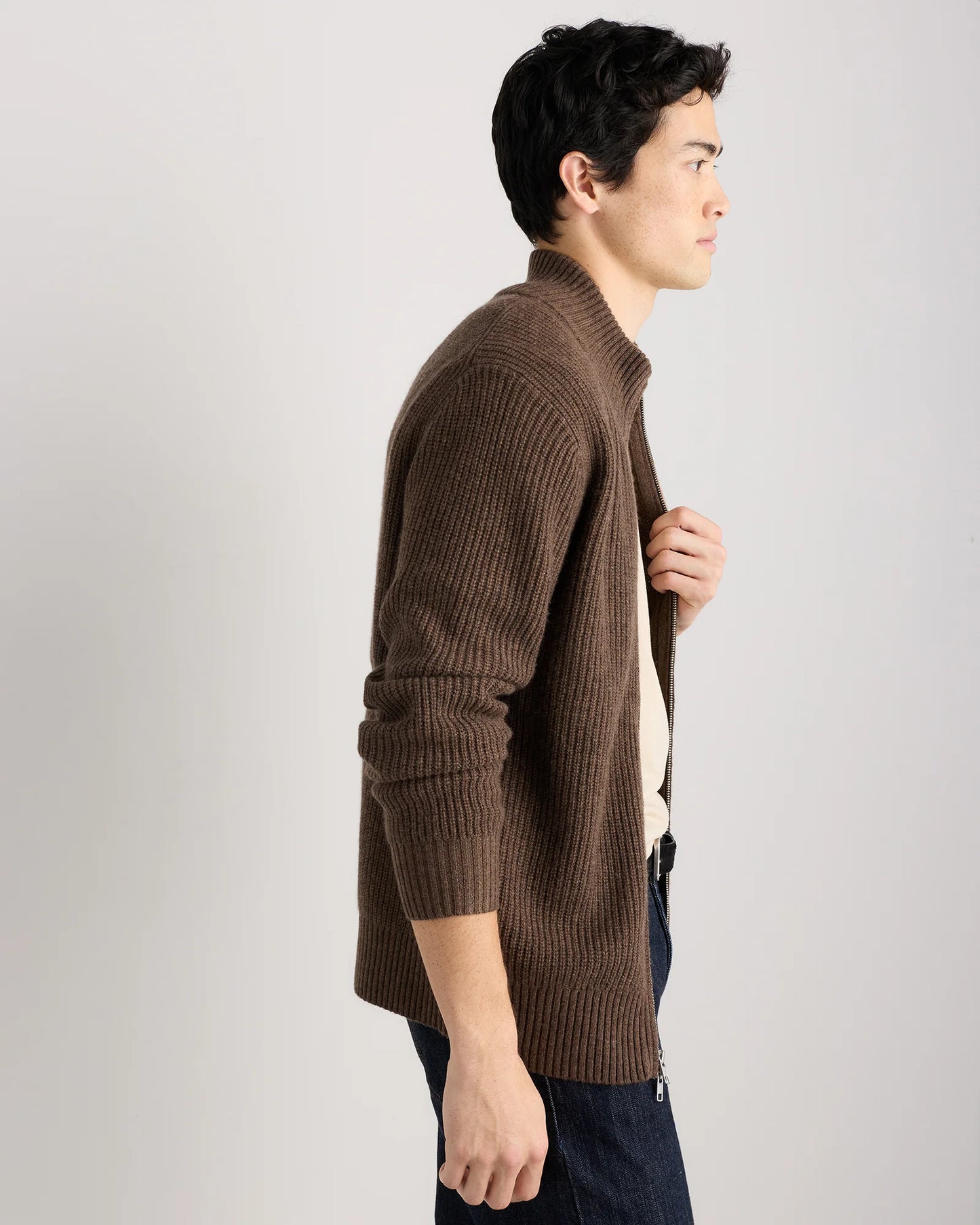 Mongolian Cashmere Fisherman Full Zip Sweater - S / Teak
