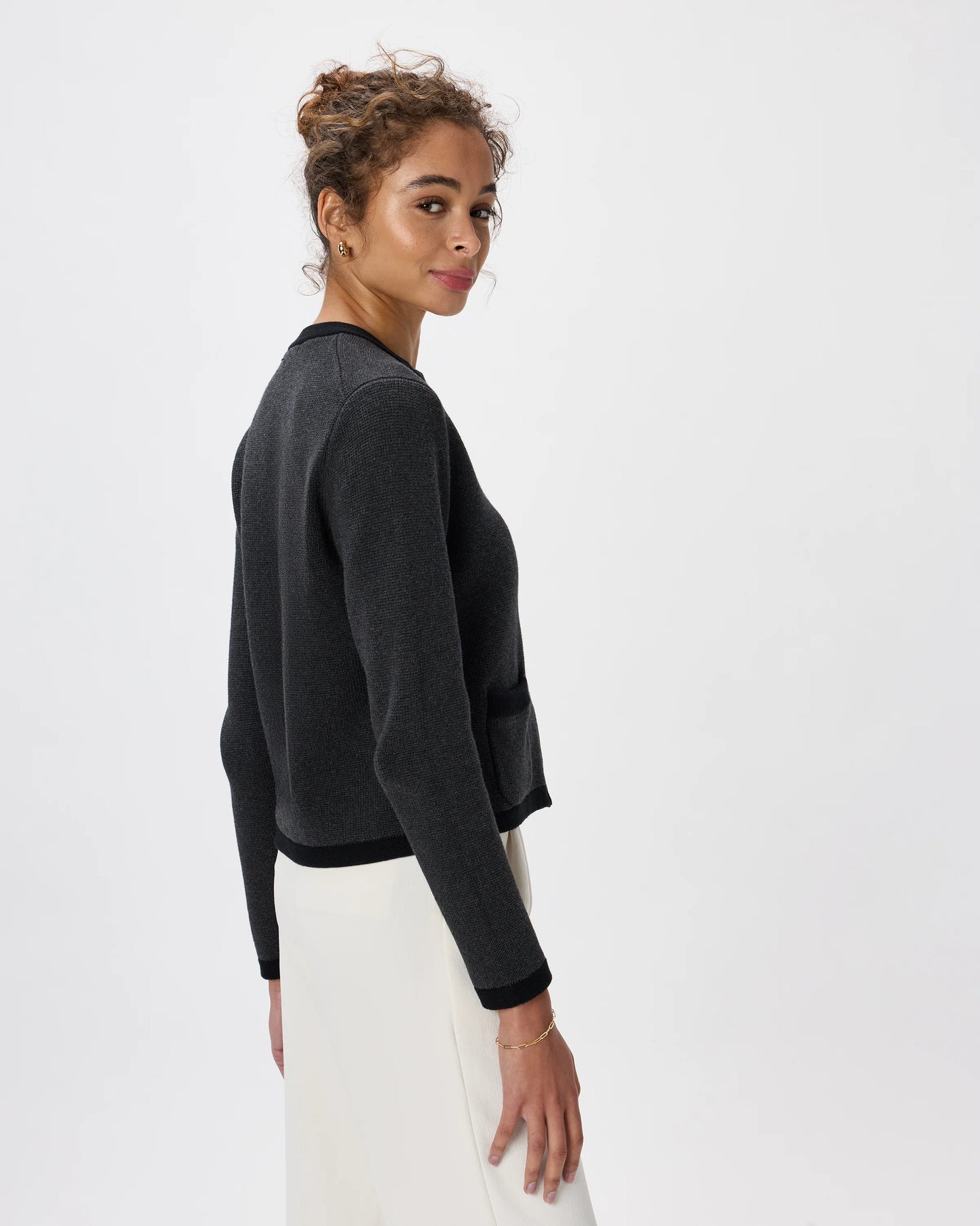 100% Organic Cotton Sweater Jacket - XS / Black/Ivory Colorblock