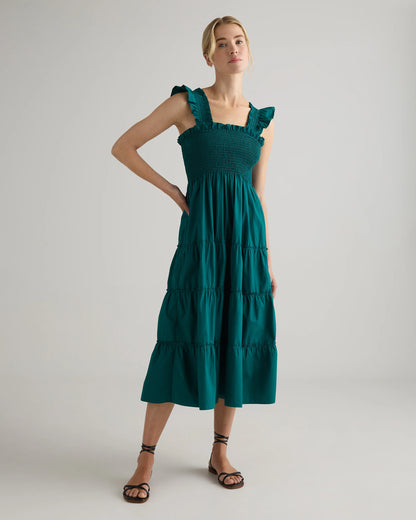 100% Organic Cotton Poplin Smocked Midi Dress - XS / Riviera Blue Heirloom Floral