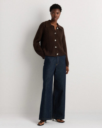 Australian Merino Wool Collared Cable Cardigan - XS / Coffee Bean Brown