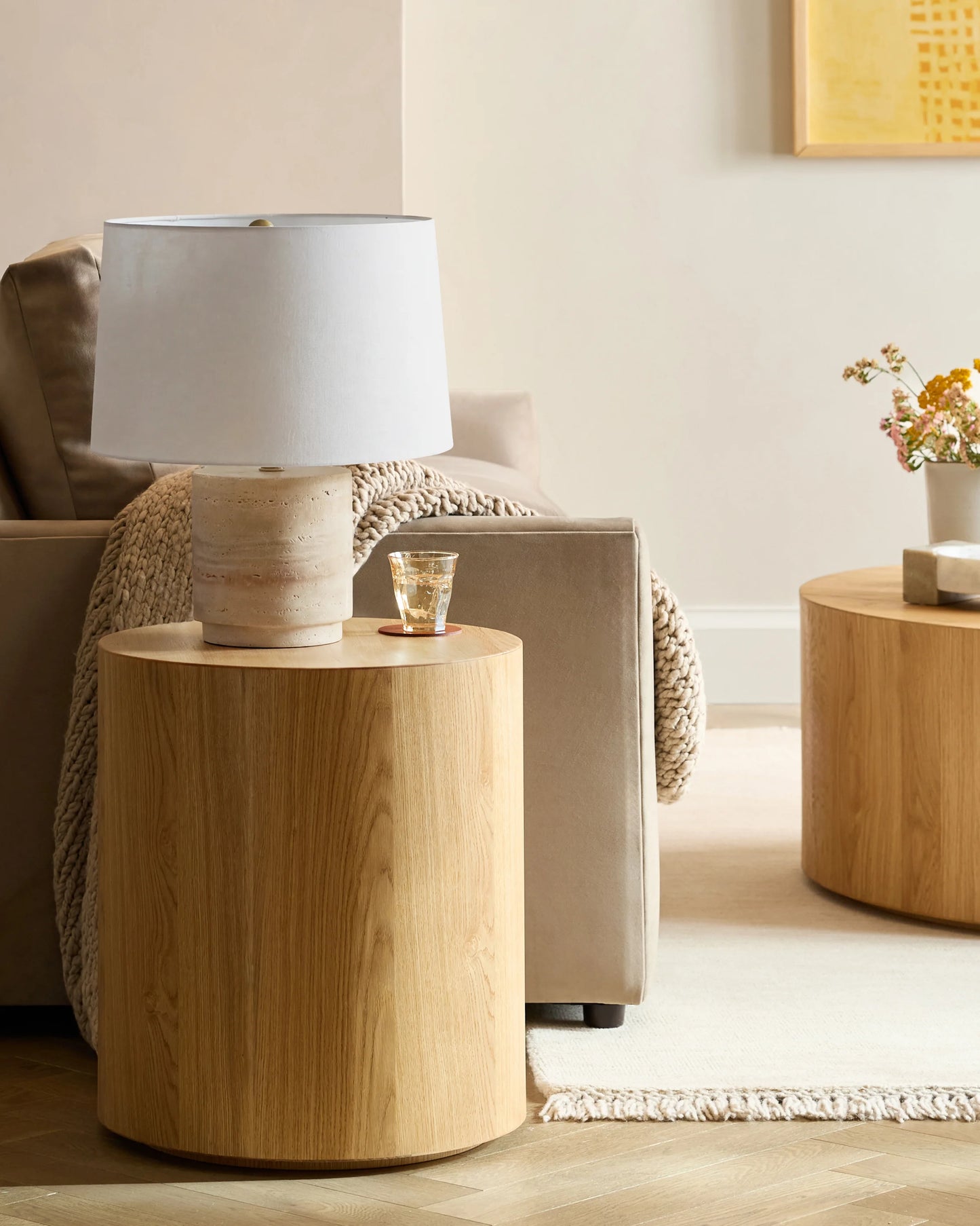 Wide Travertine Table Lamp - One Size / Beige