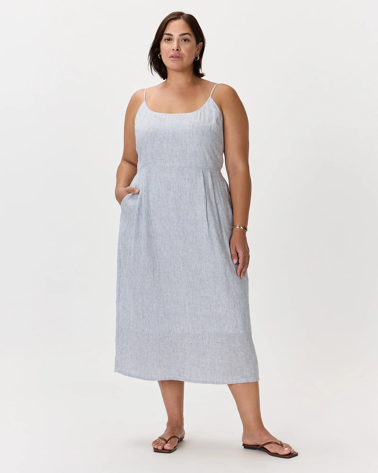 100% European Linen Scoop Neck Midi Dress - 1X / Deep Navy