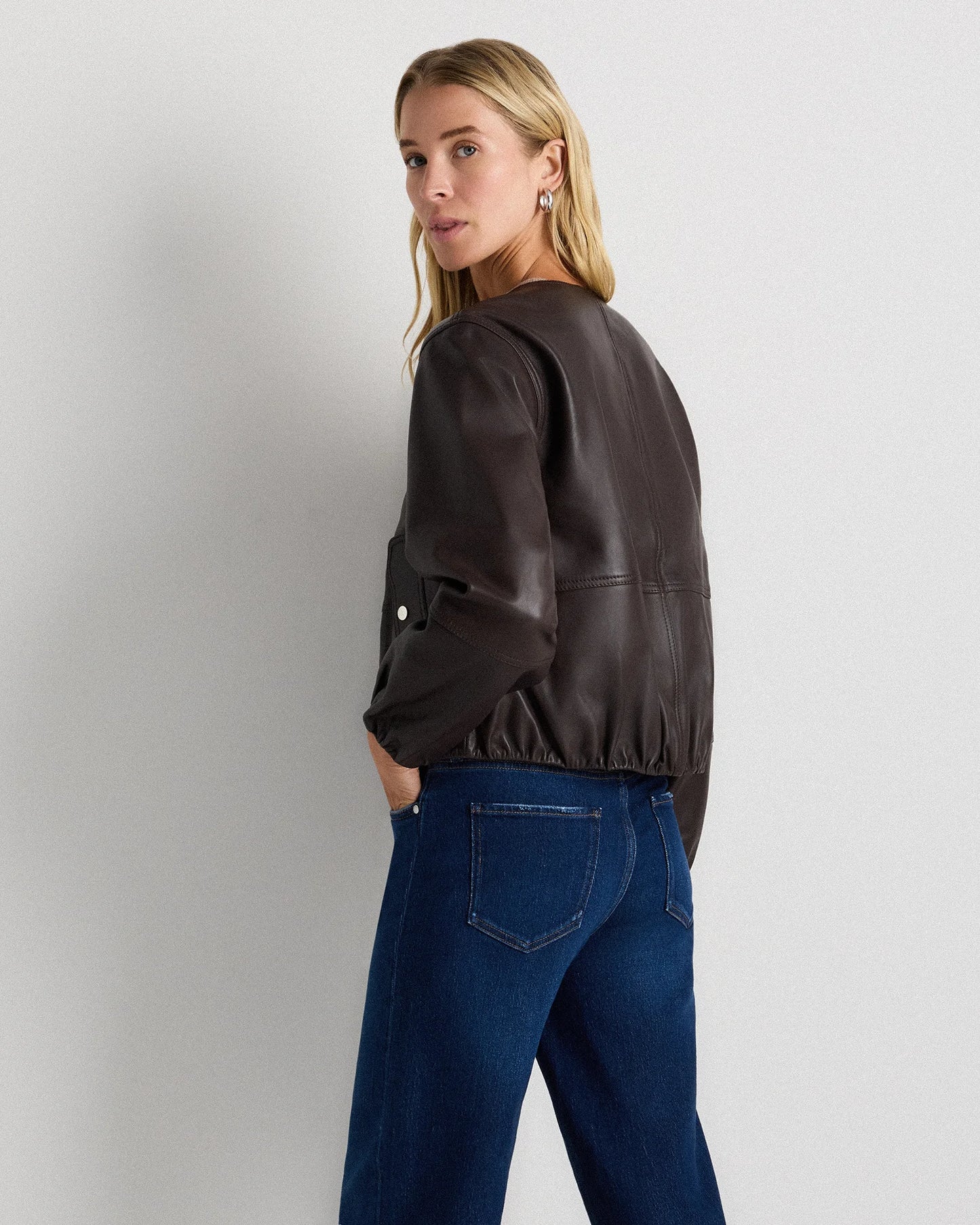 100% Leather Collarless Cropped Bubble Hem Jacket - XS / True Black