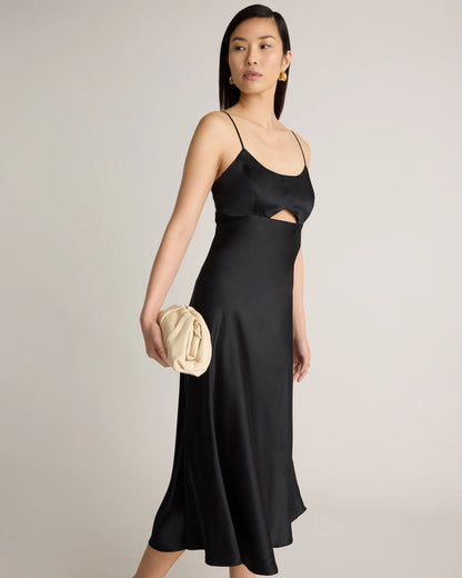 100% Washable Silk Cutout Midi Slip Dress - XS / Black