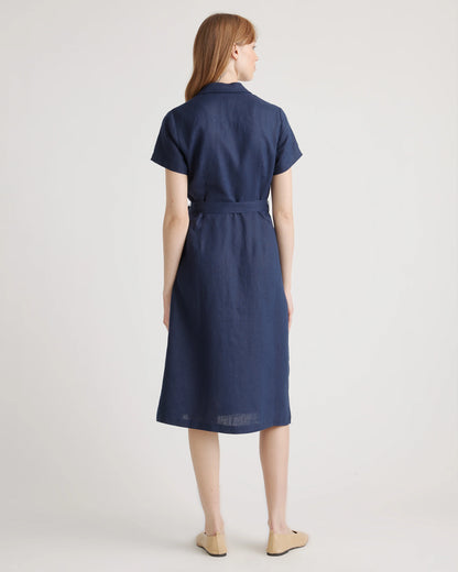 100% European Linen Button Front Dress - XS / Sky Blue Mariner Stripe