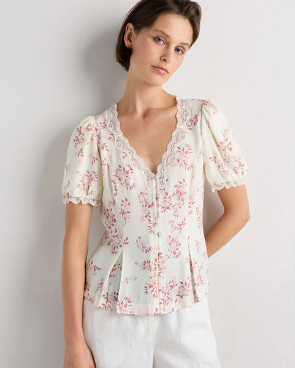 Lightweight Crepe Lace Puff Sleeve Blouse - XS / Ivory Rose Pink Petite Floral