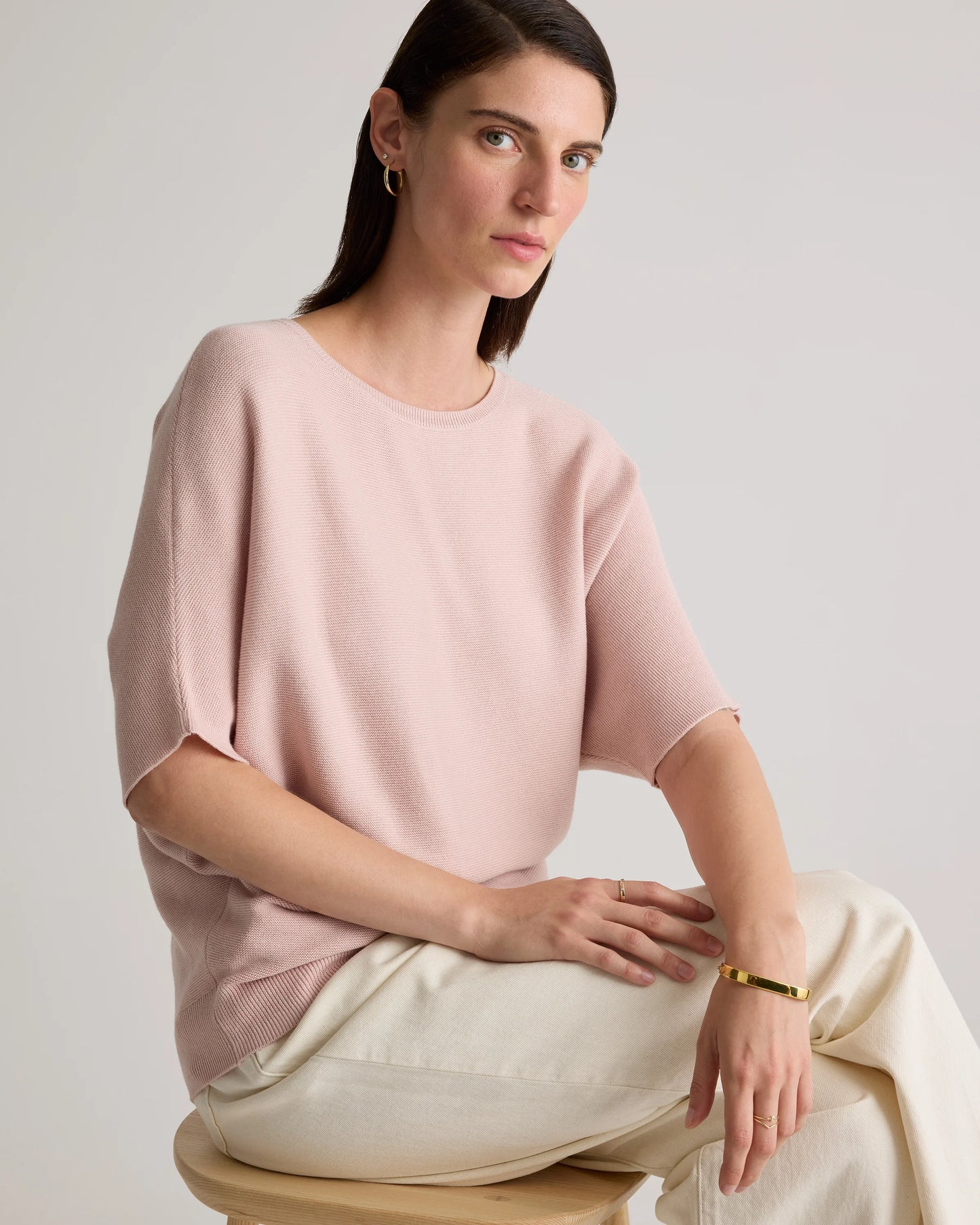 Lightweight Cotton Cashmere Link-Stitch Dolman Sweater - XS / Sugar Stone