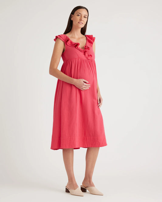 Organic Cotton Gauze Maternity Ruffle Front Dress - XS / Hot Pink