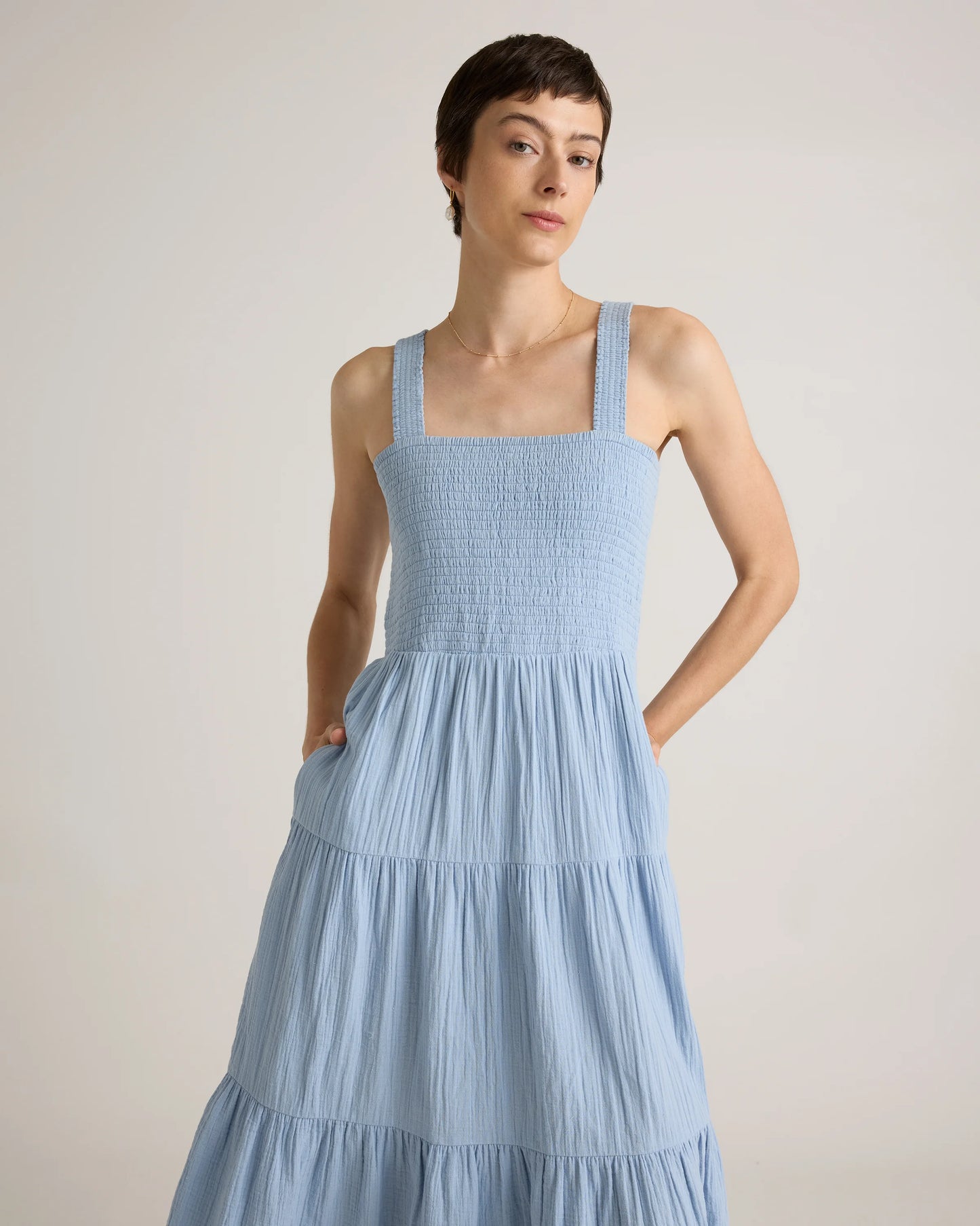 100% Organic Cotton Gauze Smocked Sleeveless Maxi Dress - XS / Blue Gingham