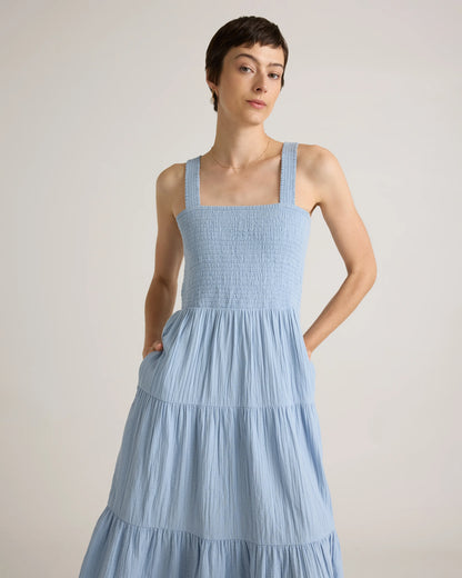 100% Organic Cotton Gauze Smocked Sleeveless Maxi Dress - XS / Blue Gingham