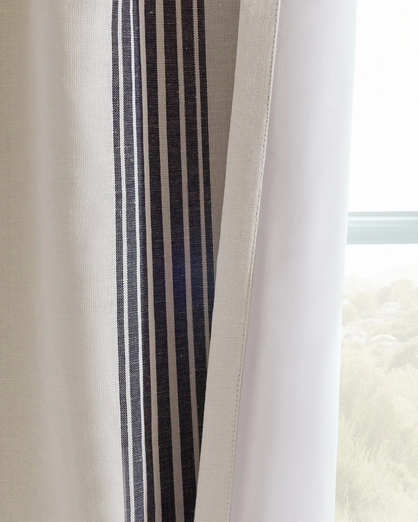 Coastal Stripe Linen Cotton True Blackout Curtain - Single Panel - 48x84 / Ivory/Fog