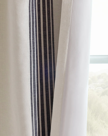 Coastal Stripe Linen Cotton True Blackout Curtain - Single Panel - 48x84 / Ivory/Fog