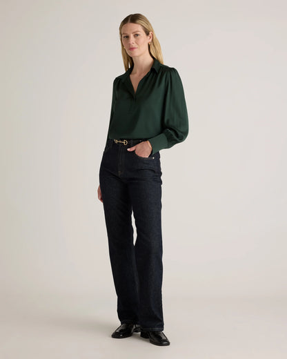 Washable Stretch Silk Split Neck Blouse - XS / Forest Green