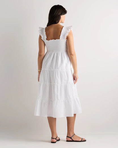 100% Organic Cotton Poplin Maternity Smocked Midi Dress - XS / Classic White