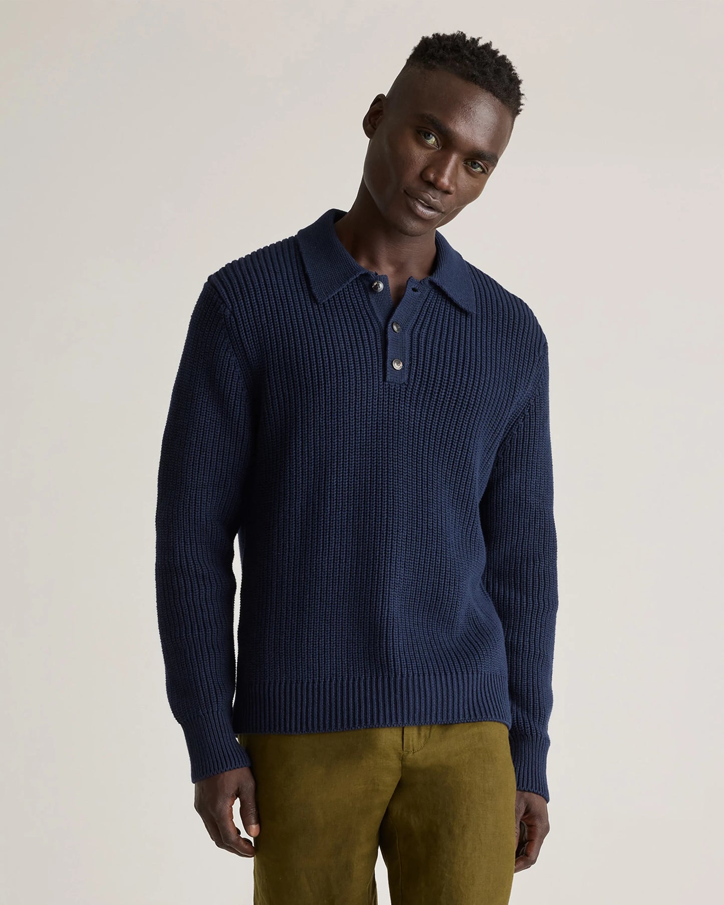 100% Organic Cotton Fisherman Polo Sweater - S / Alabaster