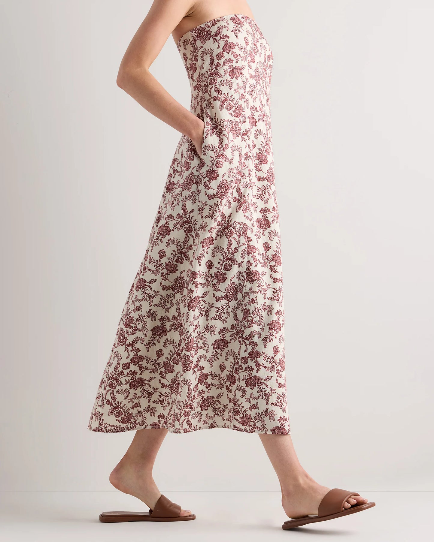 100% European Linen Strapless Maxi Dress - XS / Brick Red Heirloom Floral