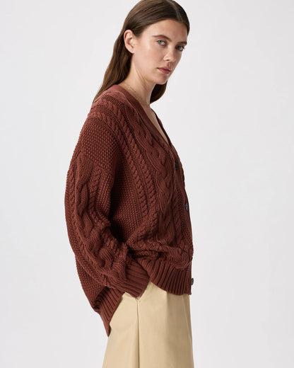100% Organic Cotton Oversized Cable Cardigan - XS / Heather Brown