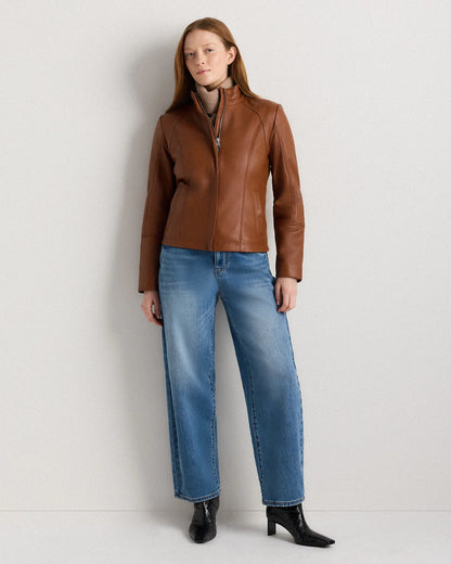 100% Leather Stand-Collar Jacket - XS / True Black