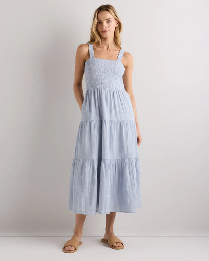 100% Organic Cotton Gauze Smocked Sleeveless Maxi Dress - XS / Blue Gingham