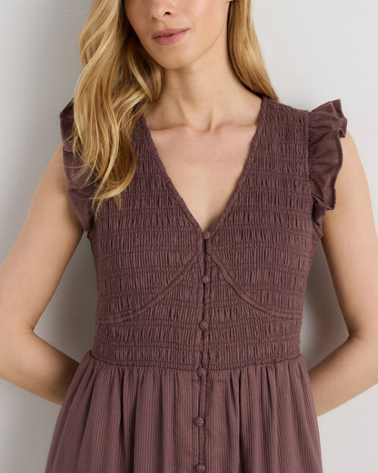 Organic Textured Cotton Smocked V-Neck Midi Dress - XS / Pale Custard Yellow