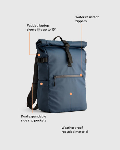 Weather Proof Roll-Top Backpack - One Size / Navy