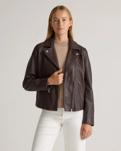 100% Washed Leather Biker Jacket - XS / Brown