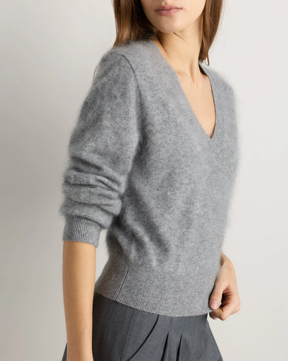 Brushed Cashmere Shrunken V-Neck Sweater - XS / Heather Grey