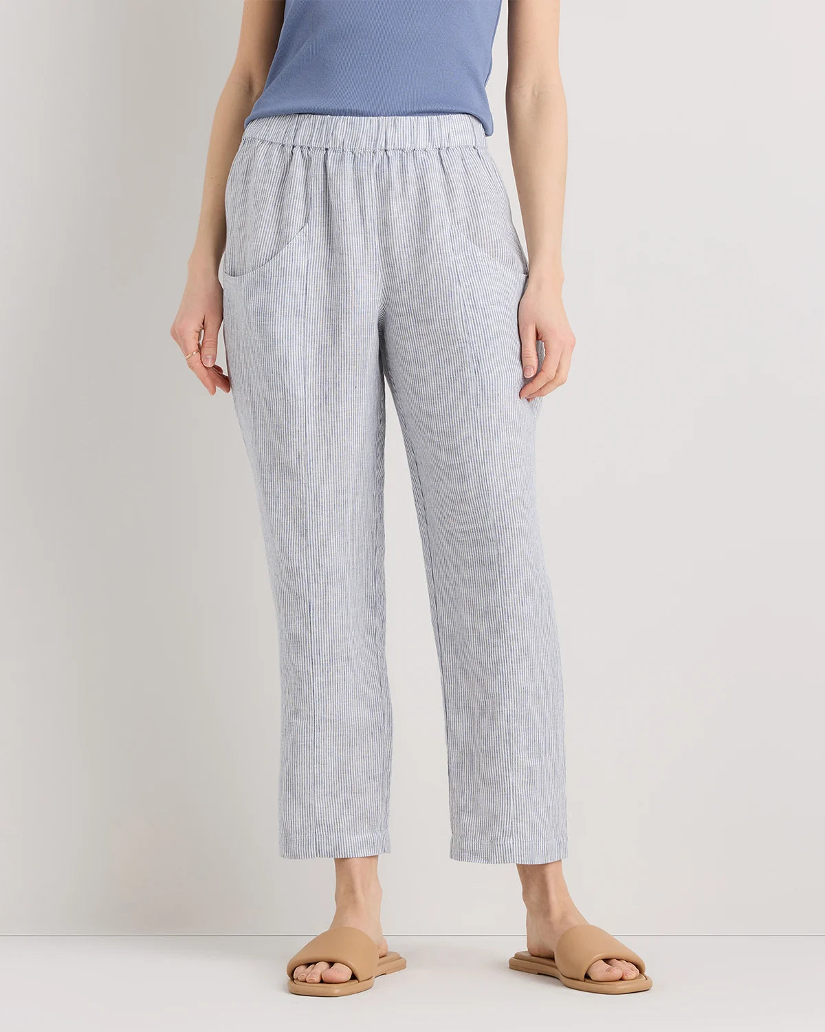 100% European Linen Tapered Ankle Pants - XS / Blue Pinstripe