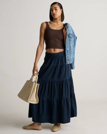 Vintage Wash Tencel Tiered Maxi Skirt - XS / Olive
