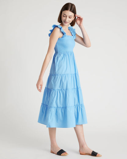 100% Organic Cotton Poplin Smocked Midi Dress - XS / Riviera Blue Heirloom Floral