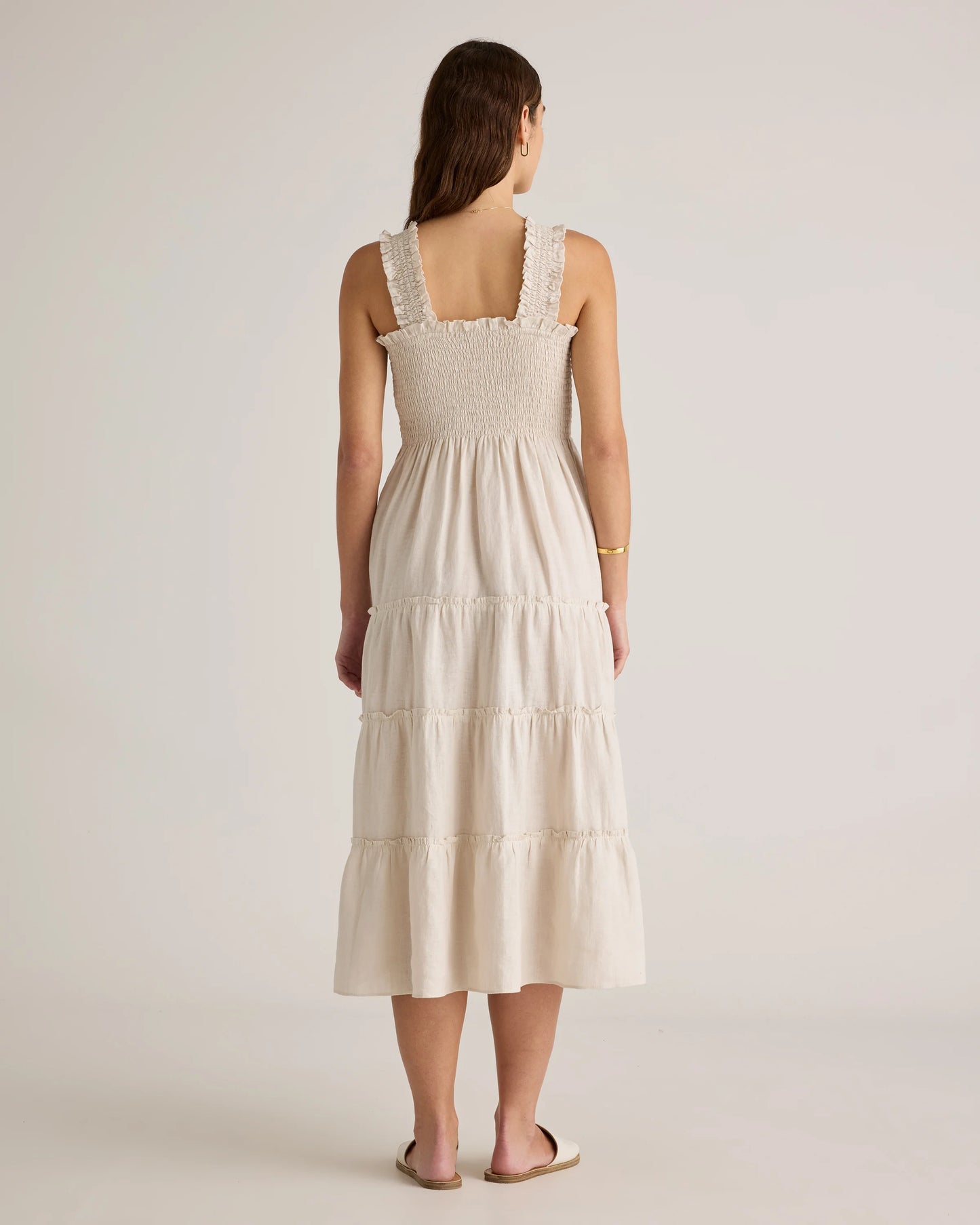 100% European Linen Smocked Midi Dress - XS / Ivory Porcelain Blue Petite Floral