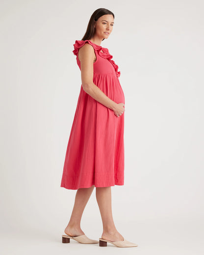 Organic Cotton Gauze Maternity Ruffle Front Dress - XS / Hot Pink