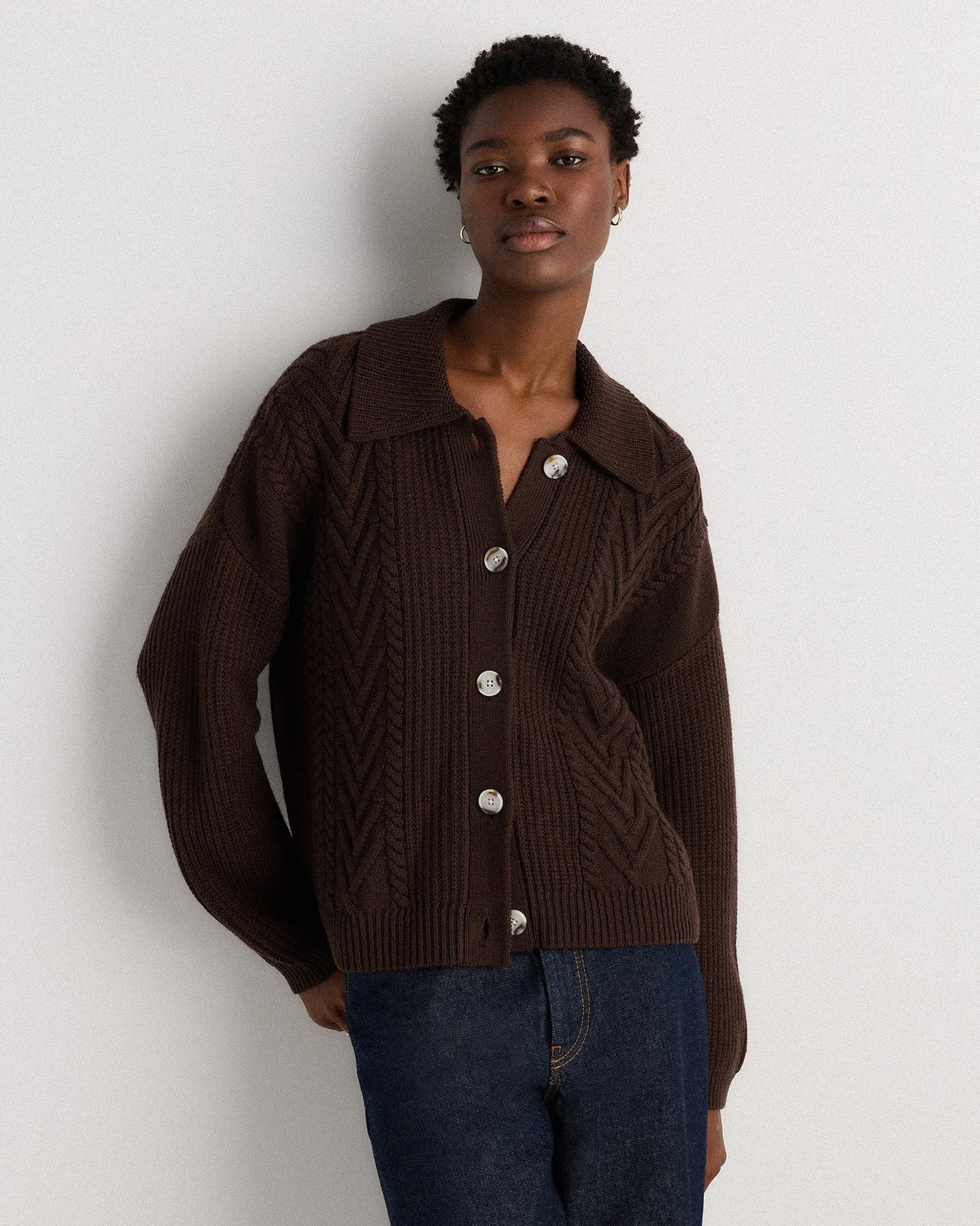 Australian Merino Wool Collared Cable Cardigan - XS / Coffee Bean Brown