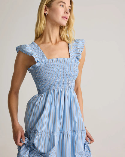 100% Organic Cotton Poplin Smocked Midi Dress - XS / Riviera Blue Heirloom Floral
