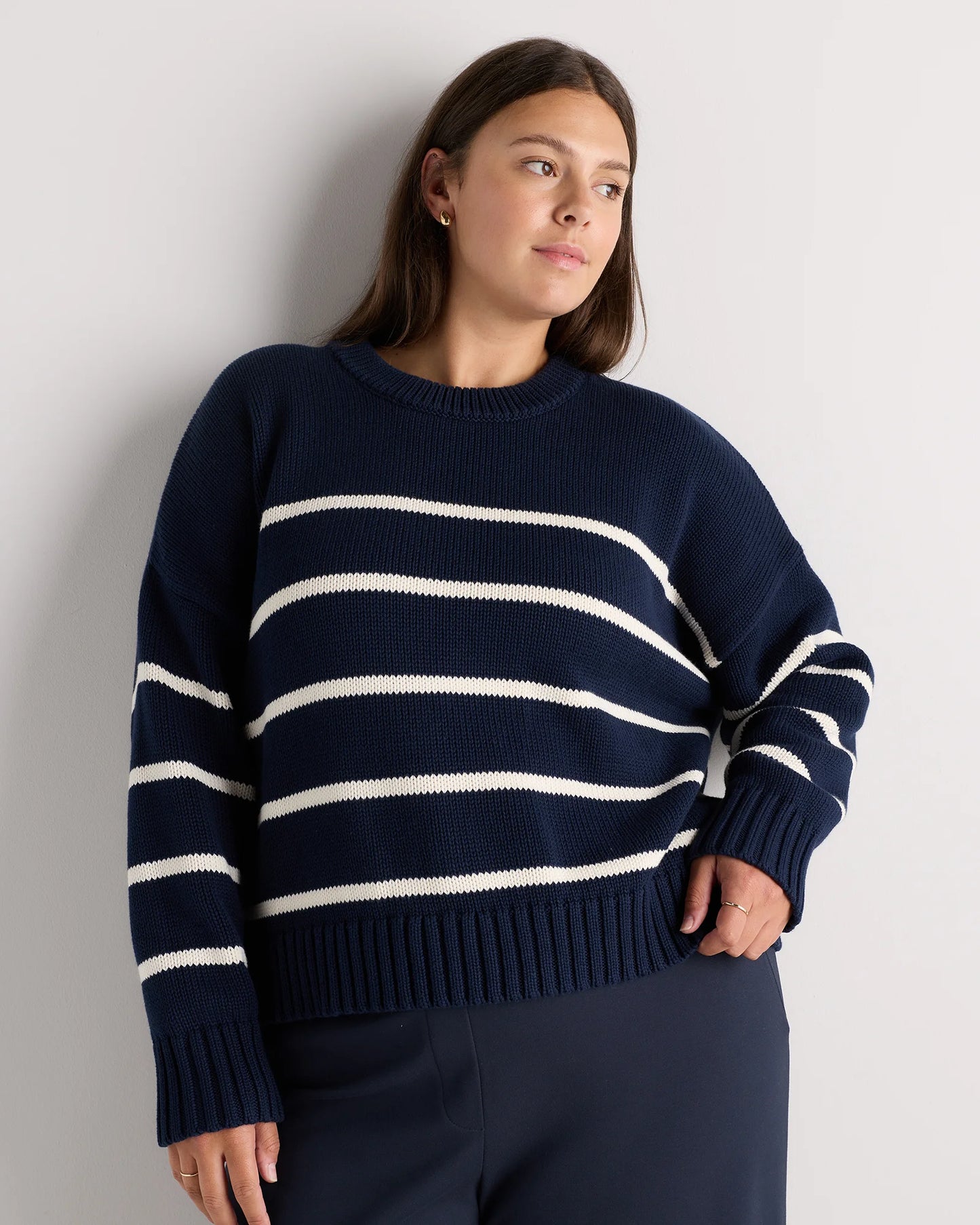 100% Organic Cotton Striped Crew Sweater - 1X / Speckled Beige/Ivory
