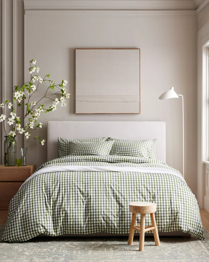 Organic Crisp Percale Gingham Duvet Cover - Twin / Cafe