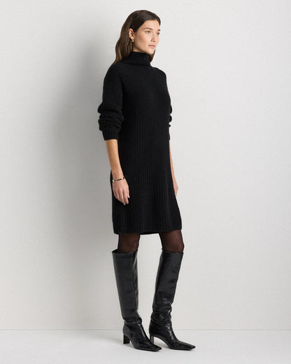 Mongolian Cashmere Ribbed Turtleneck Mini Dress - XS / Black
