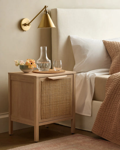 Solid Wood and Natural Rattan 1-Door Nightstand - Right Side / Natural