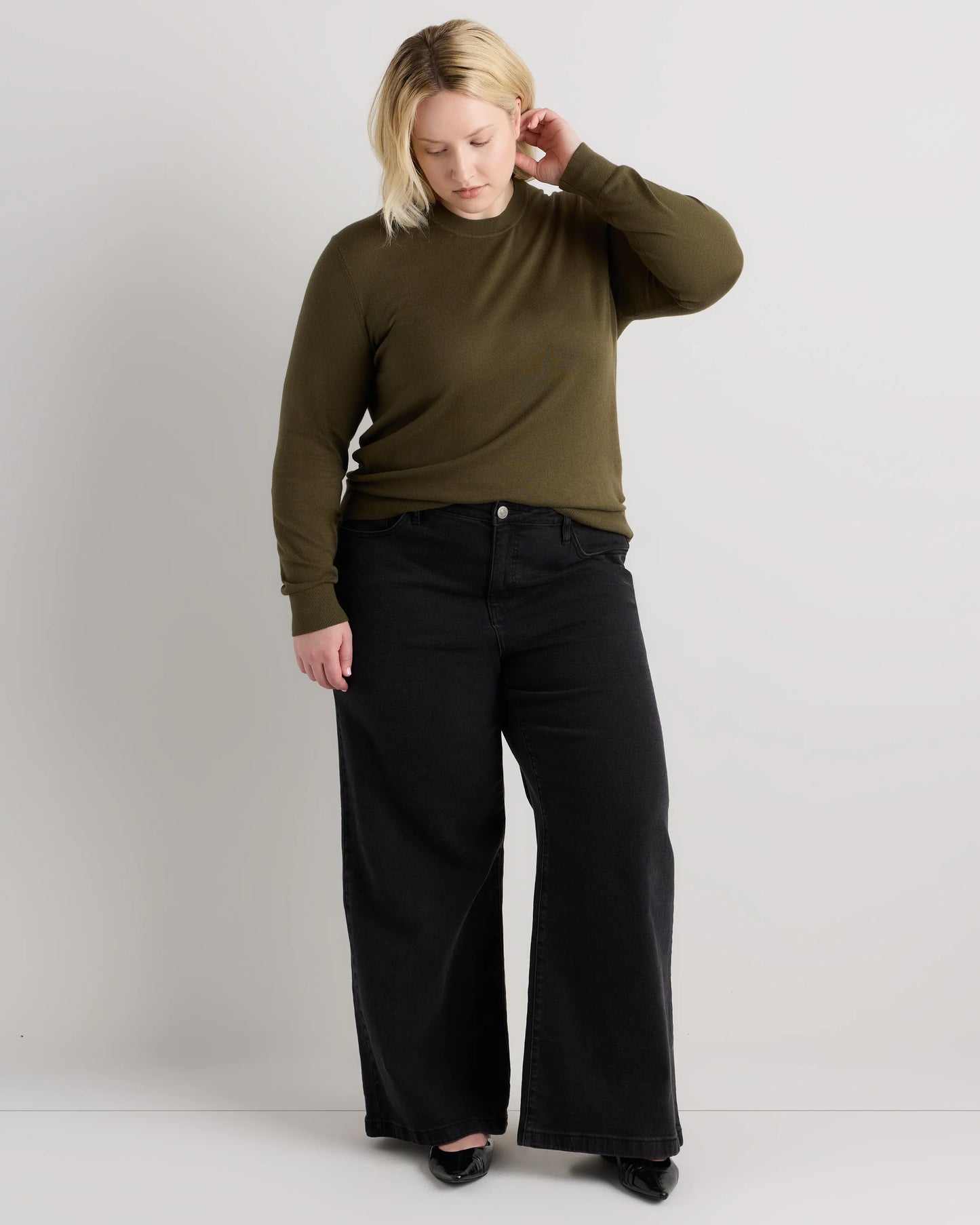 Lightweight Cotton Cashmere Crew Sweater - 1X / Black