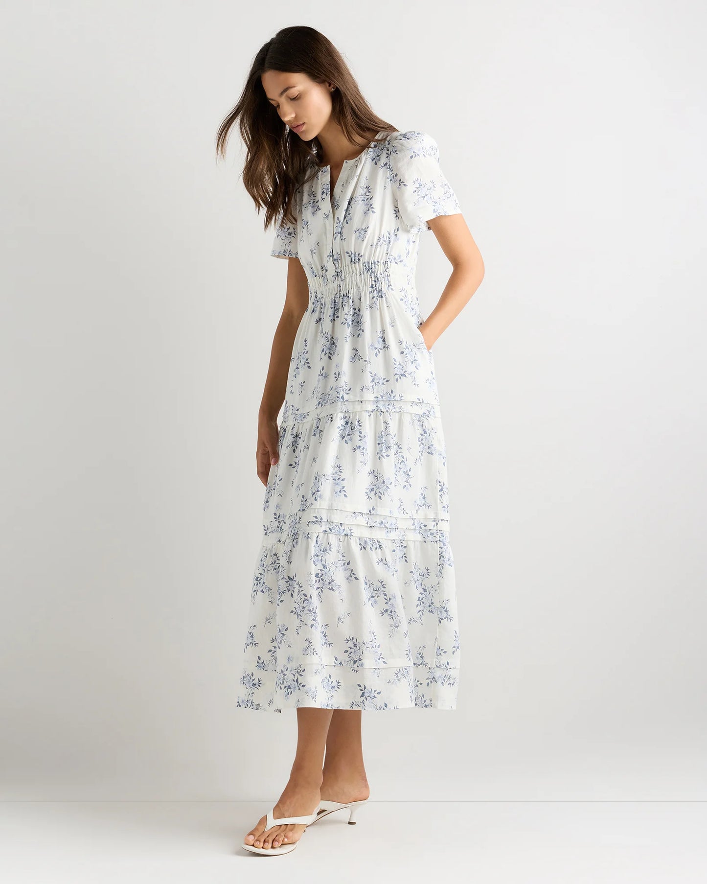 100% European Linen Tiered Maxi Dress - XS / Ivory Porcelain Blue Petite Floral