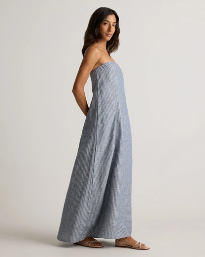 100% European Linen Strapless Maxi Dress - XS / Brick Red Heirloom Floral