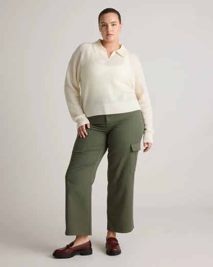 Baby Alpaca-Wool Waffle Stitch Polo Sweater - XS / Ivory