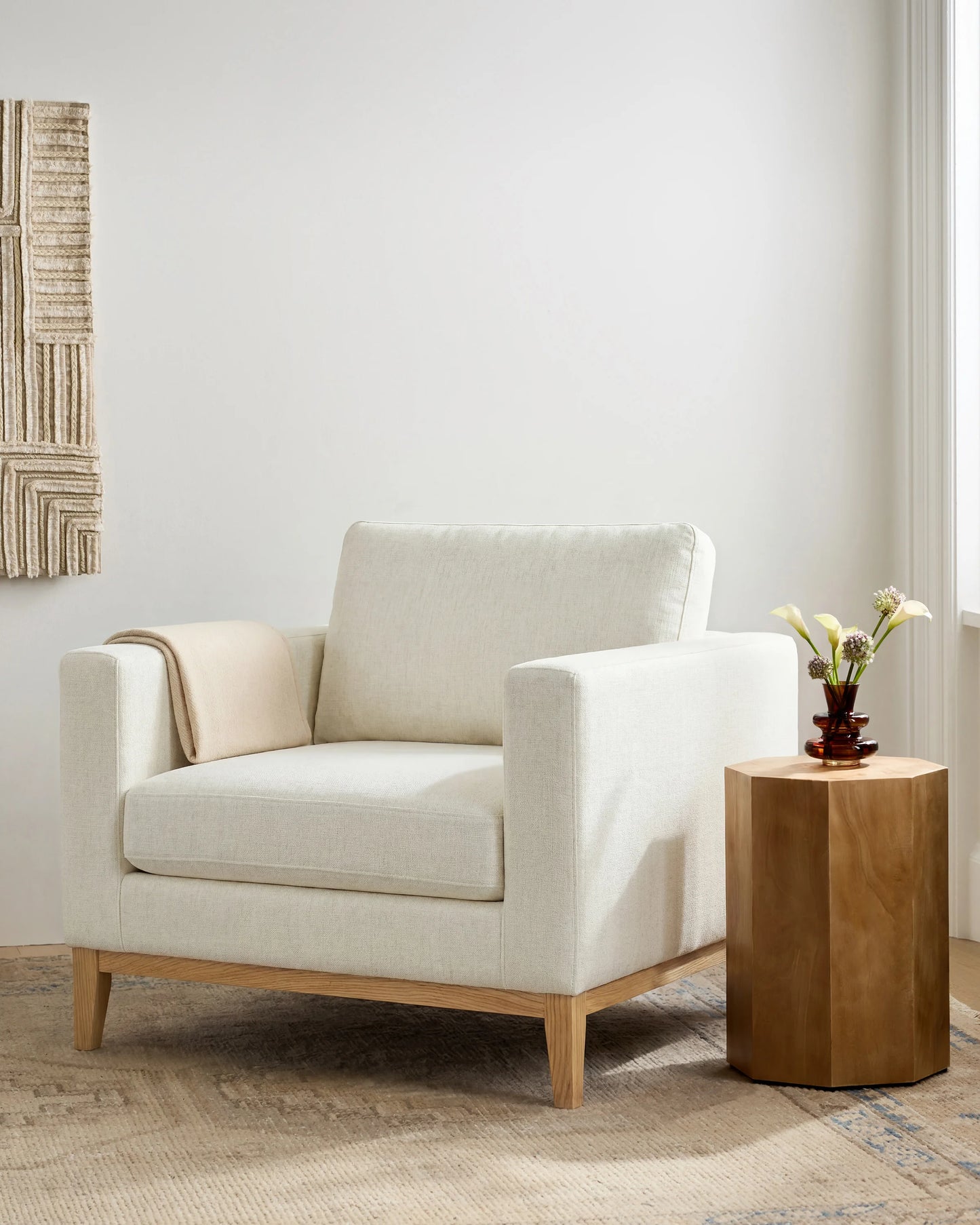 Performance Chenille Linen Blend Accent Chair with Solid Oak Base - One Size / Snow
