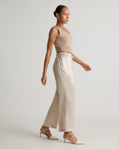 100% Washable Silk Drawstring Wide Leg Pants - XS / Champagne