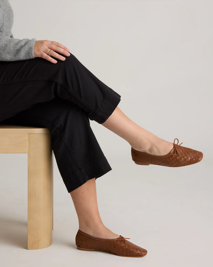 Italian Leather Handwoven Square Toe Ballet Flat - 5 / Cognac